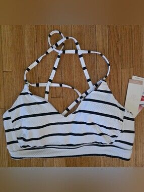 Calia Strappy Back Ruched Bikini Top - White & Blue Stripe Mesh